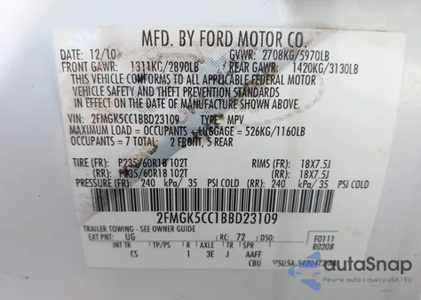 2011 Ford Flex Sel из США, поврежденный, VIN 2FMGK5CC1BBD23109